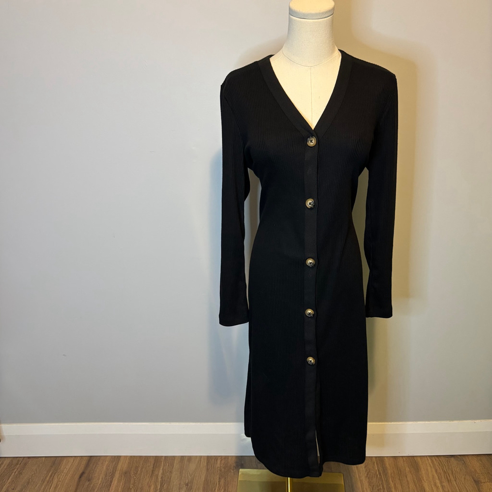 Dex Women's Black Ribbed Long Sleeve Midi Dress, SZ L